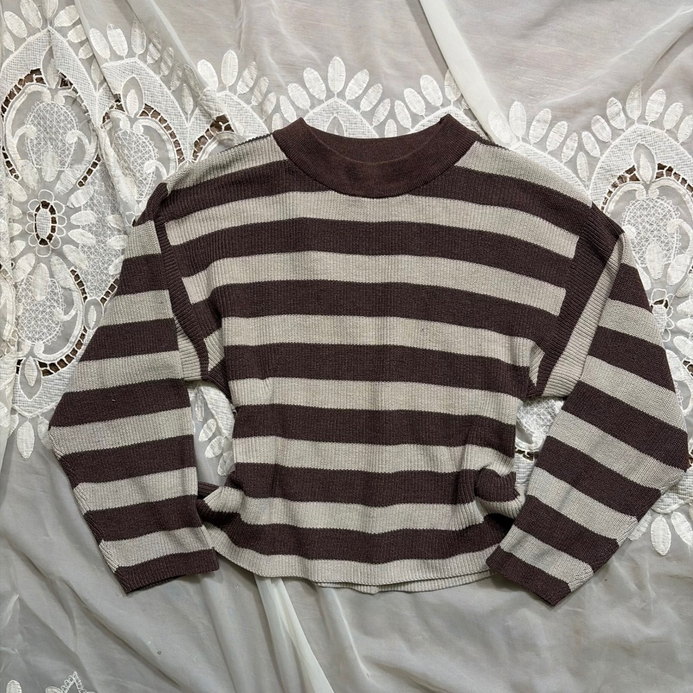 Fall Gilmore Girls Brown Cream Striped Knit Sweater Crew Neck Long Sleeve S